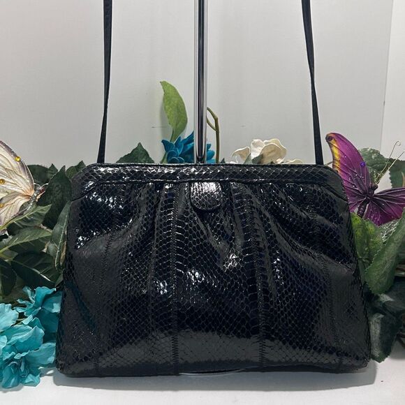 Vintage Clutch Crossbody Bag Women's Medium Black Textured Snakeskin - Picture 2 of 8